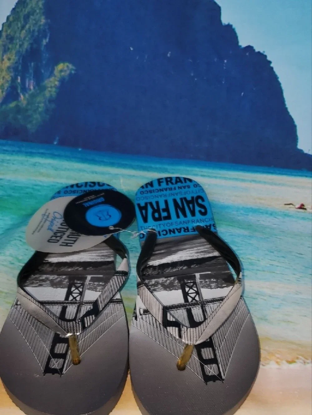 Robin Ruth Black & Blue San Francisco Graphic Flip-Flop Tags
